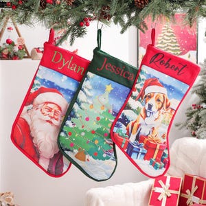 パーソナライズされたクリスマスストッキング、刺繍された名前、ヨーロッパスタイルのプリント