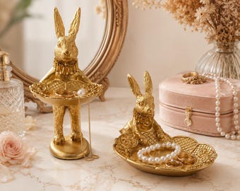 Ring Dish, Jewelry Tray for Rings, Gold Trinket Dish, Bunny Ring Holder, Rabbit Jewelry Decor