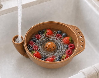 Ceramic Berry Colander, Handmade Fruit Strainer Bowl, Produce Rinse Bowl for Grapes and Berries