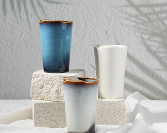 Handmade Ceramic Travel Mug with Attached Sip Top, 14.4 oz Slim Coffee Tumbler