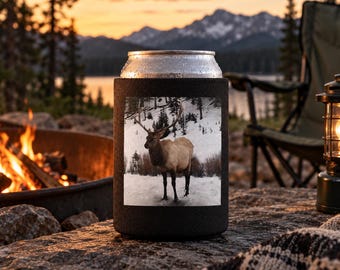 Yellowstone Elk Can Cooler, Rustic Wildlife Beverage Insulator (Camping Gift)