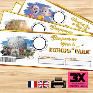 Peut inclure: Plusieurs bons pour Europa Park blancs et dorés avec des personnages de dessins animés et des images du parc. Les bons ont un espace pour une date et du texte en français et en anglais. Un carré rose indique 3 versions et 2 langues.