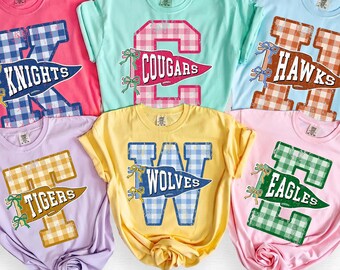 Comfort Colors® Teacher Spirit Shirt, Custom Mascot Name Tee, Gingham Initial Mascot Tshirt, Back To School Preppy Team Shirt
