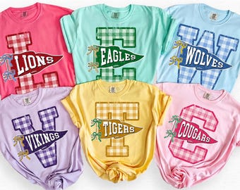 Comfort Colors® Teacher Spirit Shirt, Custom Mascot Name Tee, Gingham Initial Mascot Tshirt, Back To School Preppy Team Shirt