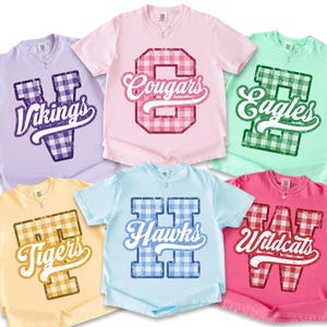 Comfort Colors® Custom Mascot Shirt, Gingham Monogram Team Tee, Preppy School Spirit Shirt, Retro Script Game Day Tshirt