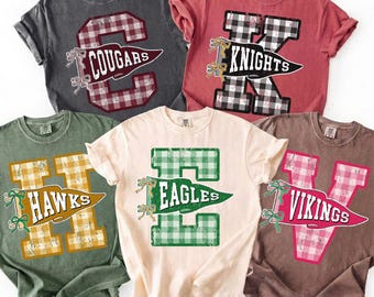 Preppy Game Day Shirt, Custom Gingham Team Mascot Tee, Comfort Colors® Retro Spirit Shirt, Baseball Football Mom Custom Tshirt