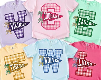 Comfort Colors® Custom Mascot Shirt, Gingham Monogram Team Tee, Preppy School Spirit Shirt, Retro Script Game Day Tshirt