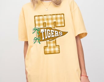 Gingham Custom Mascot Shirt, Comfort Colors® School Spirit Tee, Preppy Retro Team Name Shirt, Custom Varsity Letter Game Day Tee