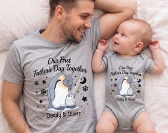 Our First Father's Day Together Shirt, Personalized Daddy and Me Matching Outfit, New Dad Gift, 1st Fathers Day Tee, Dad Baby Penguin Shirt