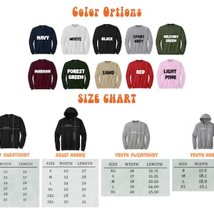 Puede incluir: Imagen de sudaderas y sudaderas con capucha en varios colores, como azul marino, blanco y negro. Se incluye una tabla de tallas con medidas para adultos y j&oacute;venes, con ancho y largo en cent&iacute;metros.