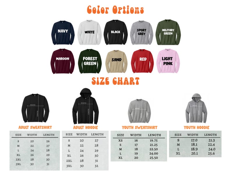 Puede incluir: Imagen de sudaderas y sudaderas con capucha en varios colores, como azul marino, blanco y negro. Se incluye una tabla de tallas con medidas para adultos y j&oacute;venes, con ancho y largo en cent&iacute;metros.