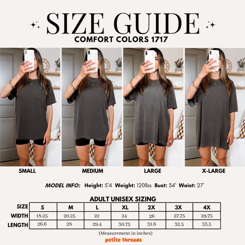 May include: Size guide for Comfort Colors 1717 t-shirts. The image shows four models wearing different sizes of a gray t-shirt. The size chart provides measurements in inches (converted to cm) for adult unisex sizing, including width and length for sizes S through 4X.