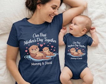 Personalized Name Our First Mothers Day Shirt, New Mom Otter Shirt, Custom First Mothers Day Gift, Mommy And Baby Matching Mom Shirt
