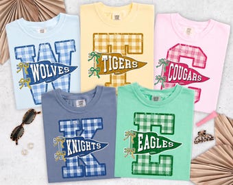 Custom Gingham Mascot Shirt, Preppy School Spirit Tee, Comfort Colors® Varsity Letter Team Shirt, Retro Layered Mascot Tshirt
