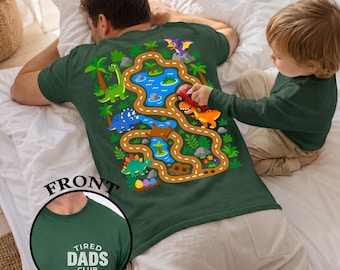 Interactive Dinosaur Map Dad Shirt, 2-Sided Tired Dads Club Tee, Dino Park Car Track Shirt For Dad, Play Mat T-shirt, Fathers Day Gift