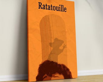 May include: Orange canvas art featuring the word "Ratatouille" in black. The artwork depicts a silhouette of a rat and a person's head. The background is a light orange color.