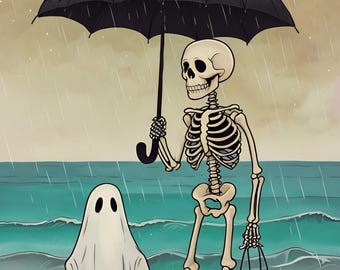 Impresión digital de Halloween • Arte playero • Descarga de arte mural costero espeluznante • Póster de esqueleto imprimible • Descarga digital de Halloween
