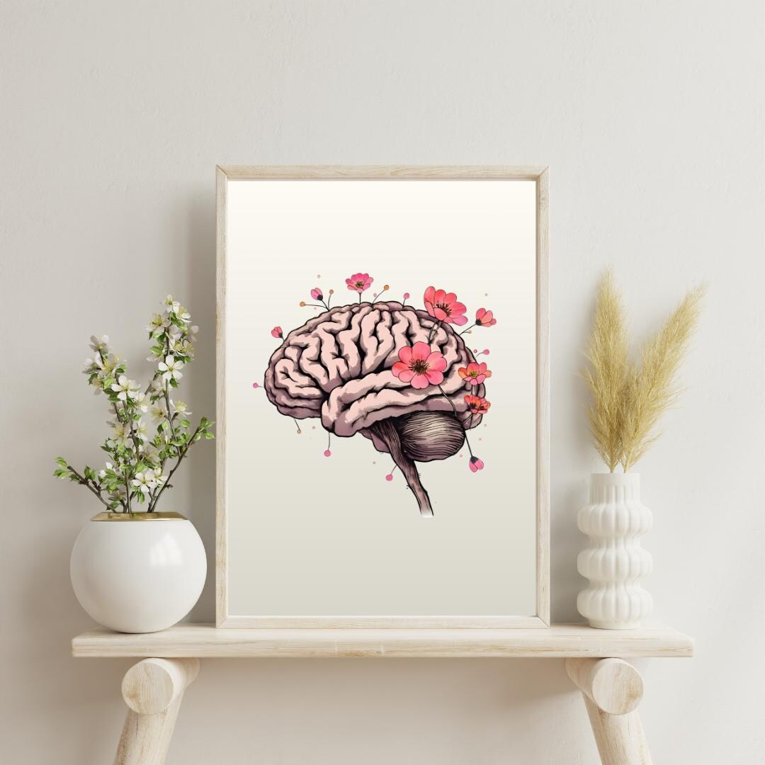 Floral Brain Art Print, Anatomy Wall Art, Medical Student Decor, Brain ...