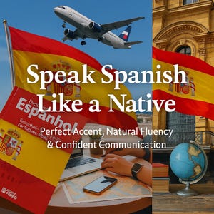 May include: Image promoting Spanish language learning. Features a Spanish flag, a textbook, and the text "Speak Spanish Like a Native." Includes a globe, a laptop, and a smartphone. The text also mentions "Perfect Accent, Natural Fluency & Confident Communication."