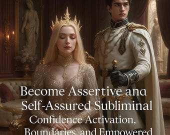 May include: A digitally created image of a woman and a man in ornate clothing. The woman wears a gold crown and gown, the man a white uniform with a cape. Text on the image reads: Become Assertive and Self-Assured Subliminal Confidence Activation, Boundaries, and Empowered Communication Energy.