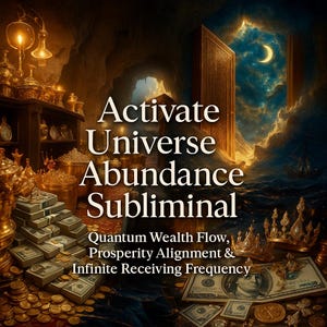 Peut inclure: Image numérique artistique avec le texte "Activate Universe Abundance Subliminal". L'image présente une grotte remplie de trésors, des liasses de billets, des pièces d'or et une porte s'ouvrant sur un ciel nocturne avec un croissant de lune. Le texte inclut "Quantum Wealth Flow".