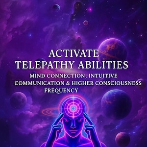 Può includere: Illustrazione digitale artistica con sfondo cosmico viola e blu. L'immagine presenta il testo "ACTIVATE TELEPATHY ABILITIES" e "MIND CONNECTION, INTUITIVE COMMUNICATION & HIGHER CONSCIOUSNESS FREQUENCY". Una figura umana è raffigurata con energia luminosa.