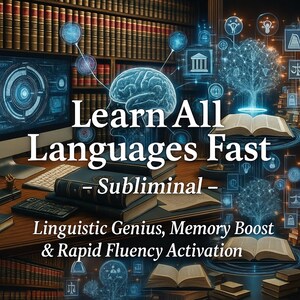 Peut inclure: Image promotionnant l'apprentissage des langues, avec le texte "Learn All Languages Fast - Subliminal". Le design comprend un cerveau lumineux, des livres et des graphiques numériques. Le texte mentionne également "Linguistic Genius, Memory Boost & Rapid Fluency Activation".