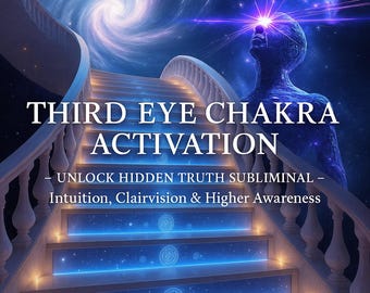 May include: Digital art featuring a staircase leading upwards towards a swirling galaxy. The text "THIRD EYE CHAKRA ACTIVATION" is displayed, along with the phrases "UNLOCK HIDDEN TRUTH SUBLIMINAL" and "Intuition, Clairvision & Higher Awareness". A figure with a glowing third eye is visible.