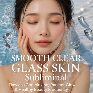 Könnte beinhalten: Eine Frau mit geschlossenen Augen, Wasser, das über ihr Gesicht fließt, und Hände, die sanft ihre Wangen berühren. Das Bild zeigt den Text "SMOOTH CLEAR GLASS SKIN Subliminal" und "Flawless Complexion, Radiant Glow & Healthy Beauty Frequency."