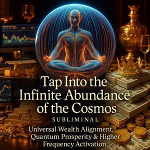 May include: Digital art featuring a meditating figure inside a glowing sphere, with text reading "Tap Into the Infinite Abundance of the Cosmos." Gold bars, coins, a crown, and stacks of money are also visible, suggesting themes of wealth and prosperity.
