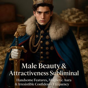 May include: A man in a royal blue and gold military-style jacket with a fur collar and a gold crown. The image includes the text "Male Beauty & Attractiveness Subliminal" and "Handsome Features, Magnetic Aura & Irresistible Confidence Frequency."
