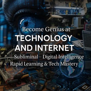 May include: A digital art image with the text "Become Genius at TECHNOLOGY AND INTERNET". The image features a close-up of an eye with a digital circuit design, a globe, and various tech devices. The text also includes "Subliminal - Digital Intelligence" and "Rapid Learning & Tech Mastery."