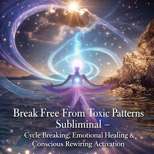Pode incluir: Ilustração digital de uma figura radiante com os braços abertos, rodeada por luzes rodopiantes e um céu estrelado. O texto "Break Free From Toxic Patterns Subliminal" está presente, evocando a cura emocional e a transformação.