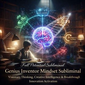 May include: An illustration depicts a person writing at a desk with a glowing brain and interconnected diagrams. Text includes "Full Potential Subliminal" and "Genius Inventor Mindset Subliminal." The image suggests themes of learning, innovation, and visionary thinking.