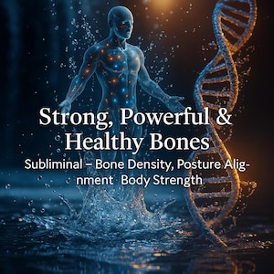 May include: Digital artwork featuring a translucent human figure with glowing blue and orange accents, emerging from water. A DNA strand is on the right. Text reads "Strong, Powerful & Healthy Bones" and "Subliminal - Bone Density, Posture Alignment Body Strength."