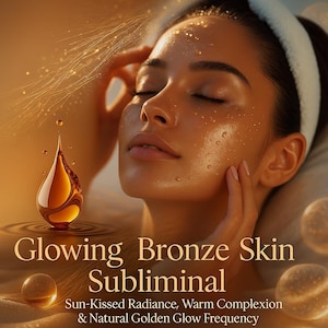 May include: A woman with glowing, bronze skin, eyes closed, and hands gently touching her face. The image features a golden oil droplet and the text "Glowing Bronze Skin Subliminal: Sun-Kissed Radiance, Warm Complexion & Natural Golden Glow Frequency."