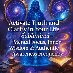 May include: Digital art featuring a robed figure with a blue hood, surrounded by celestial imagery and mirrors. Text overlay reads "Activate Truth and Clarity in Your Life - Subliminal - Mental Focus, Inner Wisdom & Authentic Awareness Frequency."