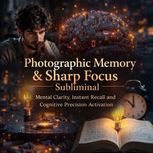 May include: An image with the text "Photographic Memory & Sharp Focus - Subliminal". It features a stylized brain with circuit board patterns, a man, a book, a lightbulb, and a clock. The text also mentions "Mental Clarity, Instant Recall and Cognitive Precision Activation."
