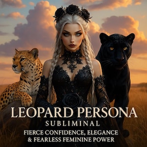 May include: Digital art featuring a woman with silver hair, wearing a black dress and a rose crown, flanked by a leopard and a black panther. The image includes the text "LEOPARD PERSONA" and "FIERCE CONFIDENCE, ELEGANCE & FEARLESS FEMININE POWER".