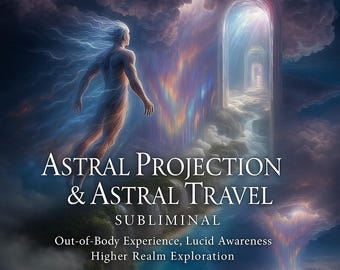 May include: Digital art depicting a figure ascending through a celestial landscape. The image features the text "ASTRAL PROJECTION & ASTRAL TRAVEL" with the subtitle "SUBLIMINAL" and phrases like "Out-of-Body Experience, Lucid Awareness, Higher Realm Exploration."