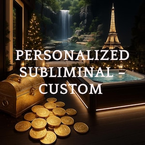 Op de afbeelding: Een afbeelding met de tekst "PERSONALIZED SUBLIMINAL - CUSTOM". De scène bevat een gouden schatkist, gouden munten, een jacuzzi en de Eiffeltoren. Een waterval en een kerstboom met lichtjes zijn ook zichtbaar.