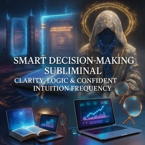 Peut inclure: Image numérique avec une figure encapuchonnée, des livres lumineux et des ordinateurs portables affichant des graphiques. Le texte indique : "SMART DECISION-MAKING SUBLIMINAL CLARITY, LOGIC & CONFIDENT INTUITION FREQUENCY."