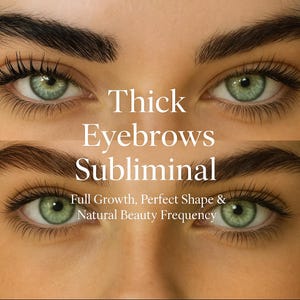 May include: Close-up of two pairs of eyes with thick, dark eyebrows and long eyelashes. The eyes are a striking green color. Text overlay reads "Thick Eyebrows Subliminal" and "Full Growth, Perfect Shape & Natural Beauty Frequency."