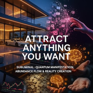 May include: Digital art with the text "ATTRACT ANYTHING YOU WANT". The image features a modern house, luxury cars, and a glowing brain graphic. Additional text includes "SUBLIMINAL - QUANTUM MANIFESTATION. ABUNDANCE FLOW & REALITY CREATION."