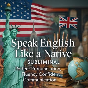 May include: An image promoting English language learning. The Statue of Liberty and the American flag are in the background. Text reads "Speak English Like a Native." Additional text promotes perfect pronunciation, fluency, and confident communication.