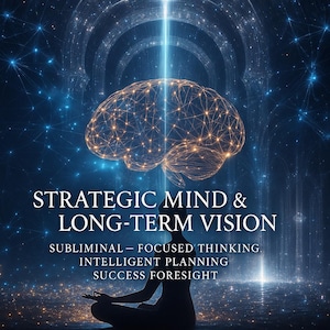 May include: Digital art featuring a glowing brain with a network of lines and dots, symbolizing strategic thinking. The text reads "STRATEGIC MIND & LONG-TERM VISION" with additional phrases like "SUBLIMINAL - FOCUSED THINKING". A person is meditating.
