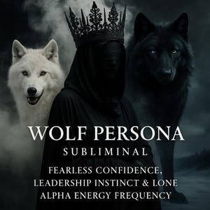 May include: Digital art featuring a person in a black hooded cloak and crown, with a white wolf on the left and a black wolf on the right. The text reads "WOLF PERSONA" and "SUBLIMINAL" with additional text about confidence and leadership.