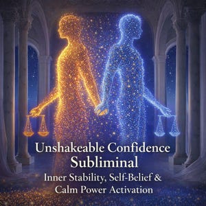 Può includere: Opera d'arte digitale con due figure composte da particelle luminose, una dorata e una blu, che si tengono per mano. Ogni figura tiene una bilancia. Il testo recita "Unshakeable Confidence Subliminal, Inner Stability, Self-Belief & Calm Power Activation."