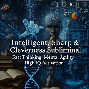 May include: Digital art with a dark blue and black theme. The image features a human face, a hand, and a DNA strand, with text that reads "Intelligent, Sharp & Cleverness Subliminal". Additional text includes "Fast Thinking, Mental Agility High IQ Activation".