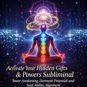 Puede incluir: Ilustración digital de una figura meditando con chakras brillantes, rodeada de elementos cósmicos. La imagen incluye el texto "Activate Your Hidden Gifts & Powers Subliminal" y texto adicional sobre el despertar interior y la alineación del alma.